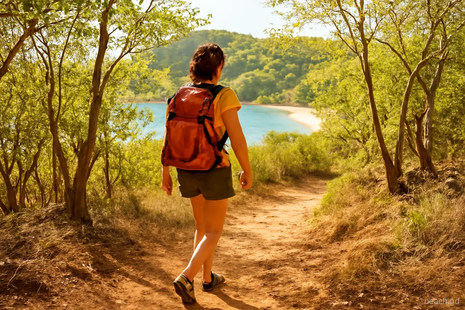 Hiker in sturdy sandals descending a dry forest path towards a small golden cove on Carriacou's north-west coast, sea glinting between trees, late afternoon light, seen from behind