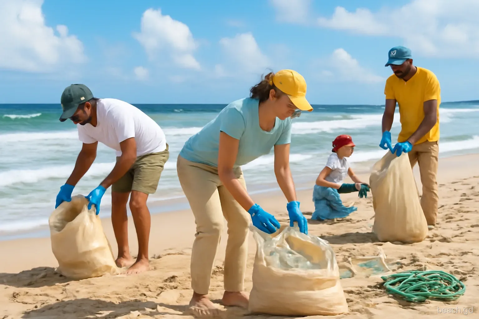 Volunteers in gloves and hats collecting plastic bottles and rope into sacks along a windswept Atlantic beach in Grenada, wide shot, rolling surf, bright morning clouds