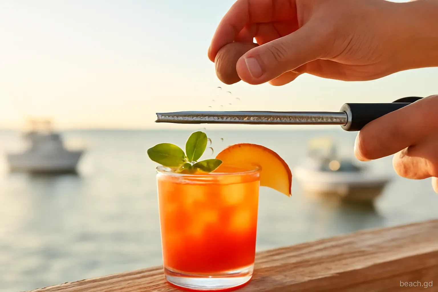 Close-up of a hand grating fresh nutmeg over an iced rum punch on a weathered wooden rail, blurred bay and fishing boats behind, golden late-afternoon light
