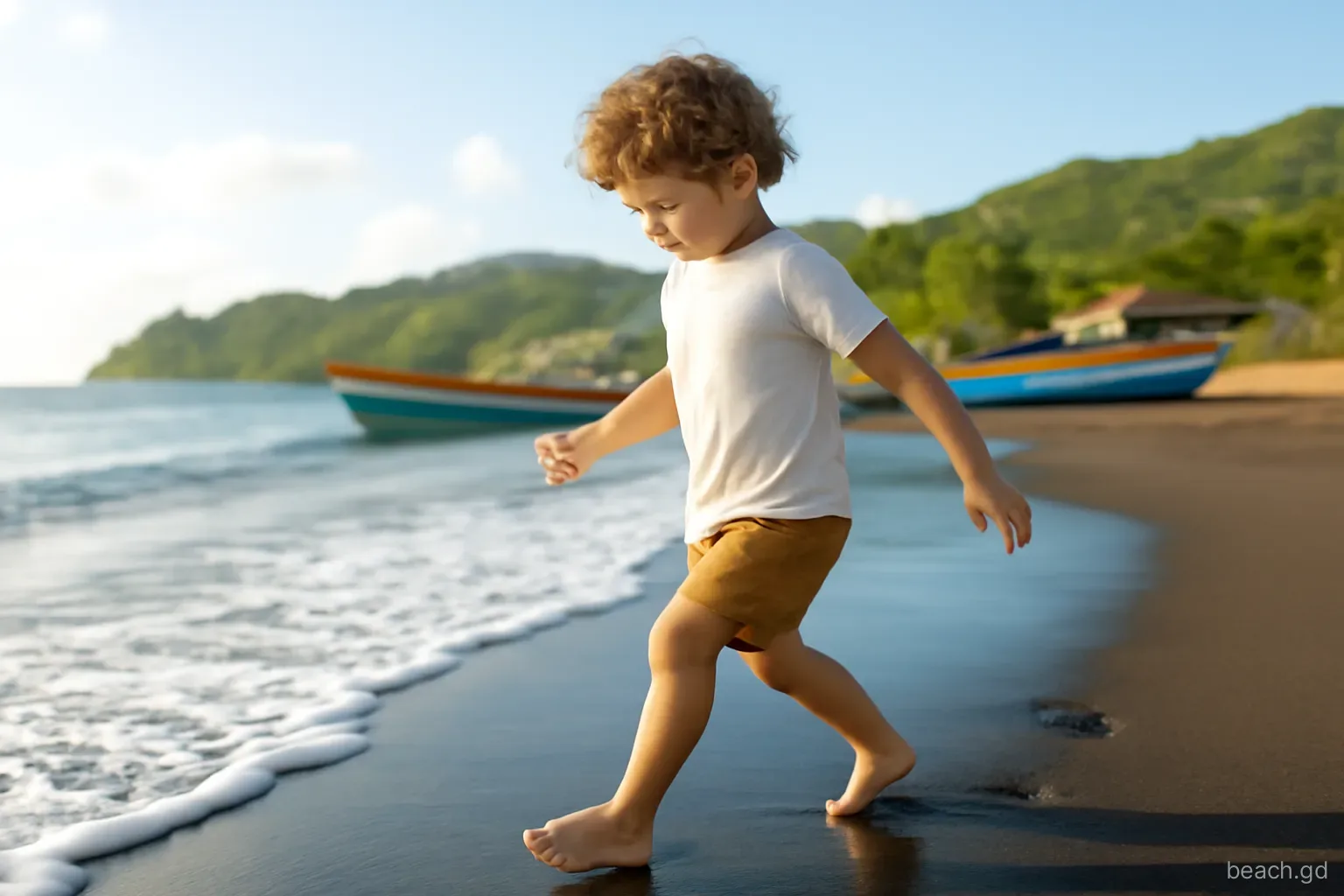 Barefoot child tiptoeing across glossy dark volcanic sand toward small foamy waves on Grenada's leeward coast, fishing boats and green hills behind, warm late afternoon light, low angle