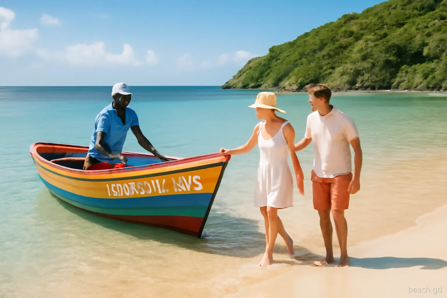 Small wooden water taxi nosing onto a quiet sandy cove in Grenada, boatman steadying the bow as a couple step into knee-deep clear water, green headland, mid-morning