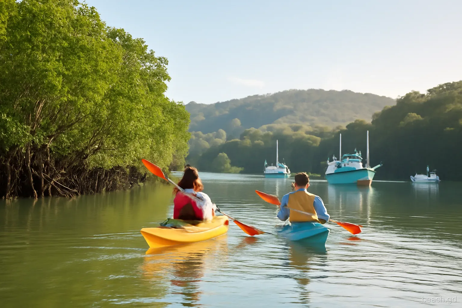 Kayakers paddling past mangroves in a calm inlet near Woburn, small fishing boats moored, wooded hills behind, soft morning light, viewed from water level