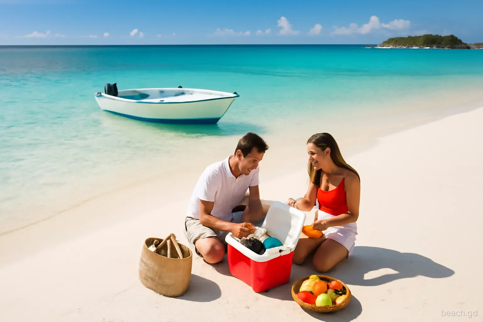 Couple unpacking a cooler and fruit on white sand at Sandy Island off Carriacou, small boat anchored in clear shallow water, overhead drone angle, bright morning sun