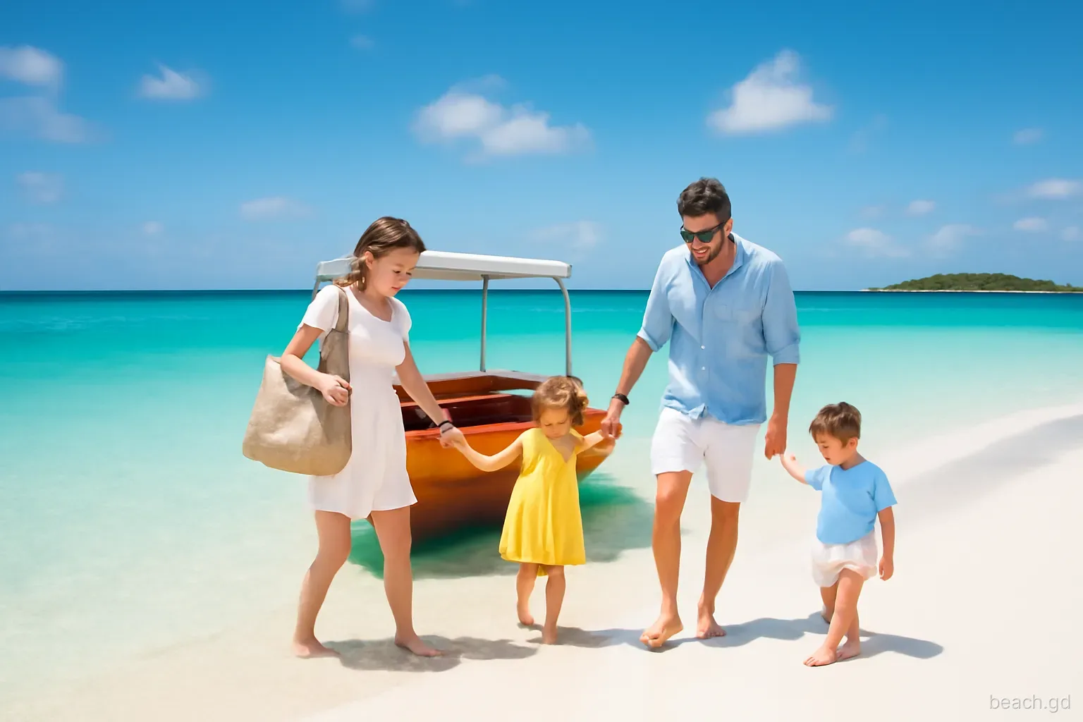 Young family wading from a small wooden water taxi onto the white sand of Sandy Island off Carriacou, Grenada, shallow turquoise water, clear midday sky