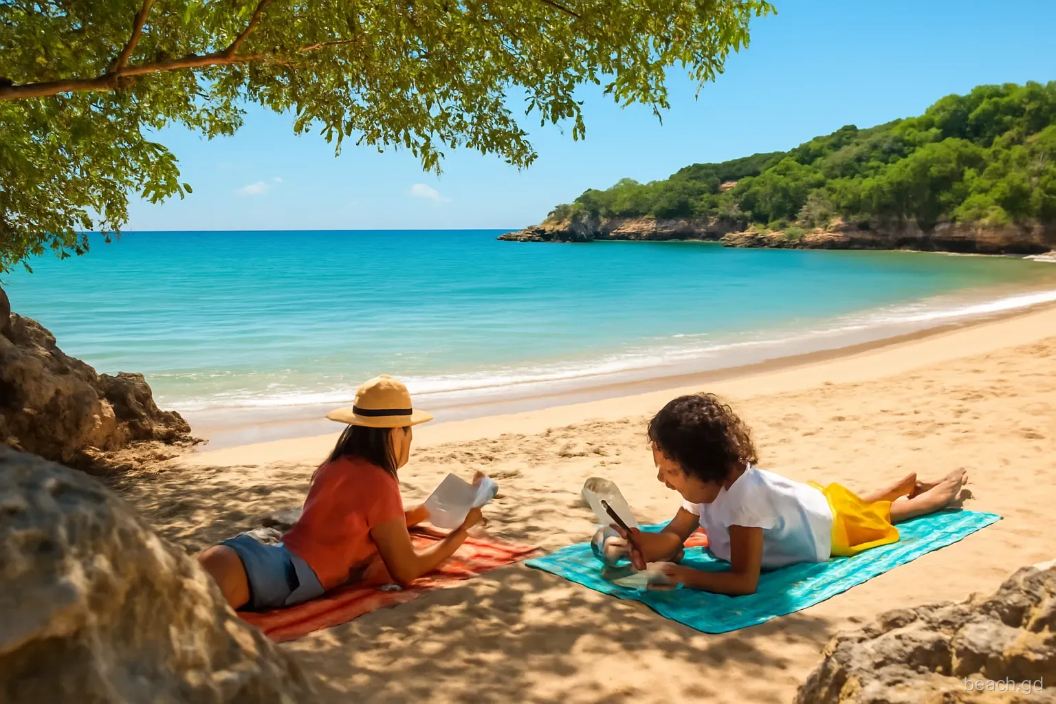 Two friends reading on beach towels in the shade of trees at a small cliff-framed bay near Point Salines, golden sand, clear shallow water, wide shot from the rocks