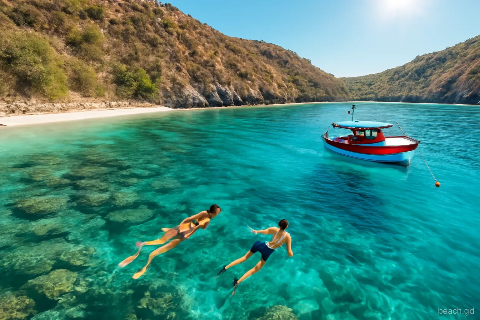 Snorkellers floating above a coral reef in a small cove with a narrow strip of sand, a wooden day boat anchored on a mooring buoy, steep dry forest slopes, bright overhead sun