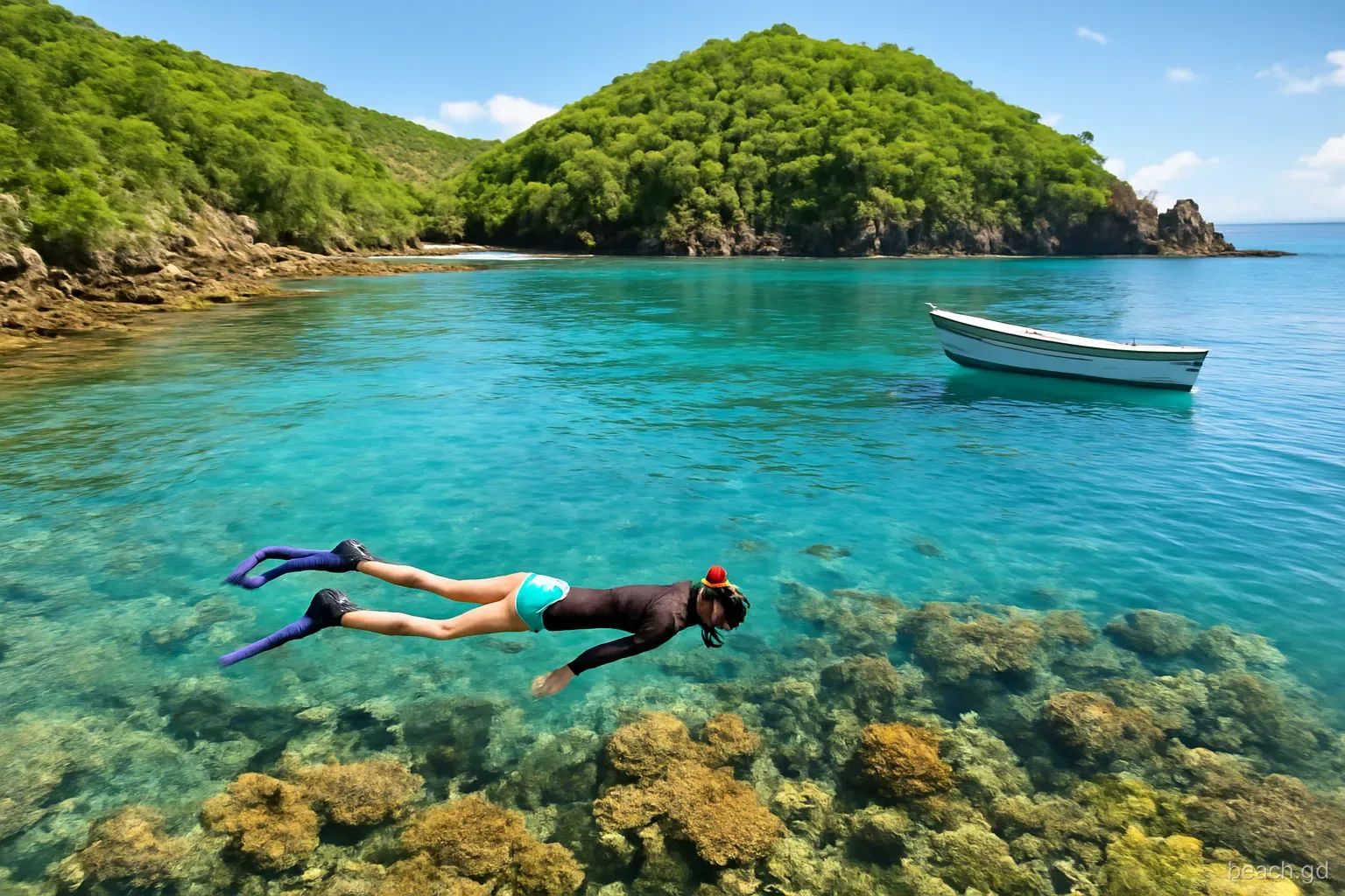 Snorkeller floating face down over a coral slope at a small rocky cove on Grenada's west coast, small boat moored nearby, green cliffs, clear morning water, viewed from above