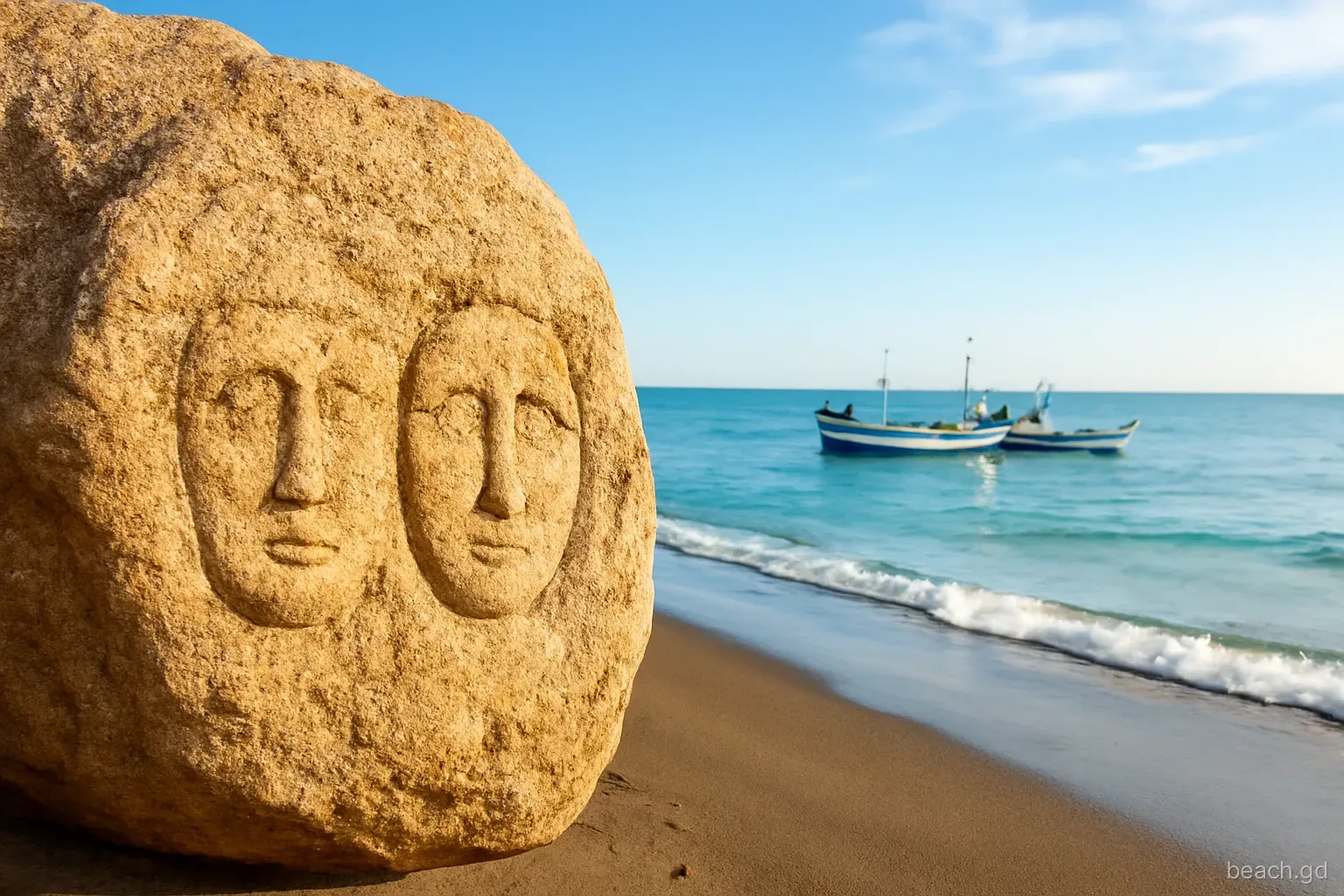 Close view of a large weathered boulder with faint ancient carved faces beside a quiet dark sand beach, fishing boats beyond, gentle waves, warm afternoon sidelight, low angle