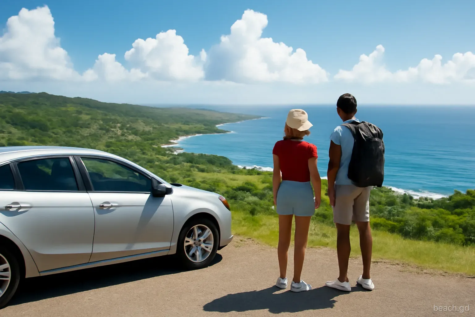 Hire car parked on a hilltop lay-by above Grenada's windward coast, two travellers looking down at surf-lined bays and green farmland, cumulus clouds, bright midday light