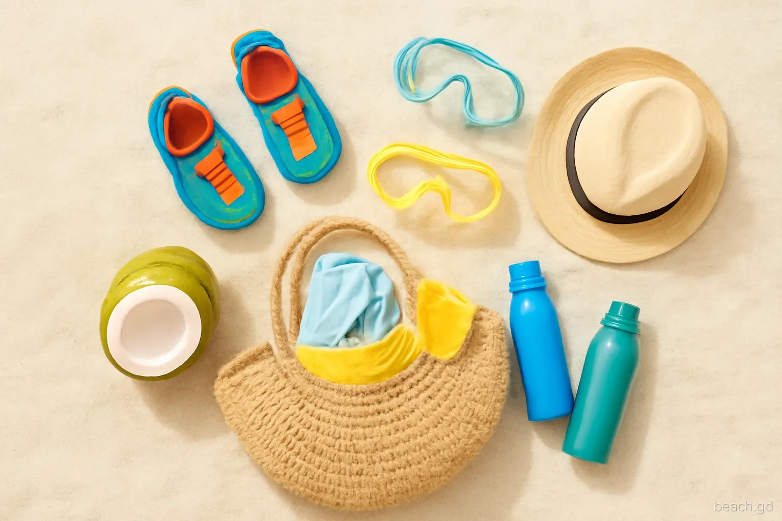 Overhead flat-lay of a family beach bag on pale sand in Grenada, children's water shoes, snorkel masks, sun hats, reusable bottles and halved green coconut