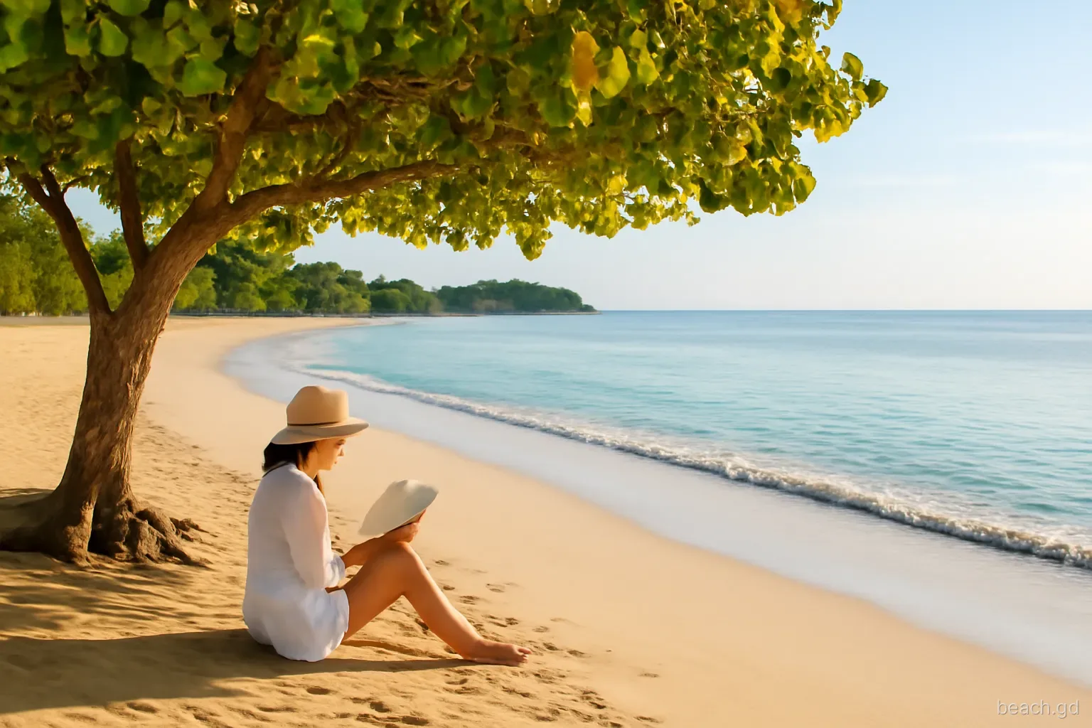 Single person reading under a sea grape tree on an empty curve of golden sand in southern Grenada, calm sea, long shadows, early morning, wide establishing shot
