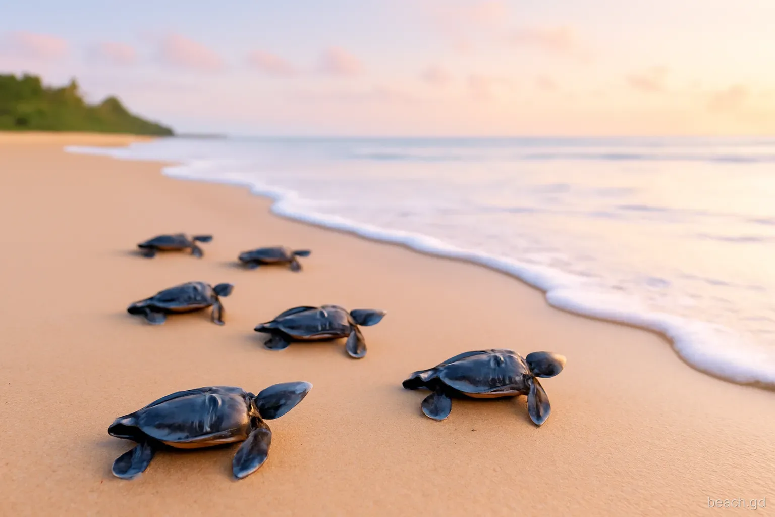 Tiny turtle hatchlings scrambling across smooth wet sand toward gentle waves at dawn on a quiet Grenada beach, ground-level angle, soft pink sky, no people