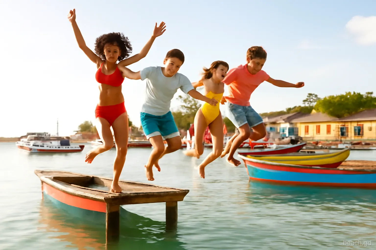 Teenagers jumping off a small jetty into calm green water at a fishing town on Grenada's west coast, painted boats moored nearby, late afternoon sun, side angle