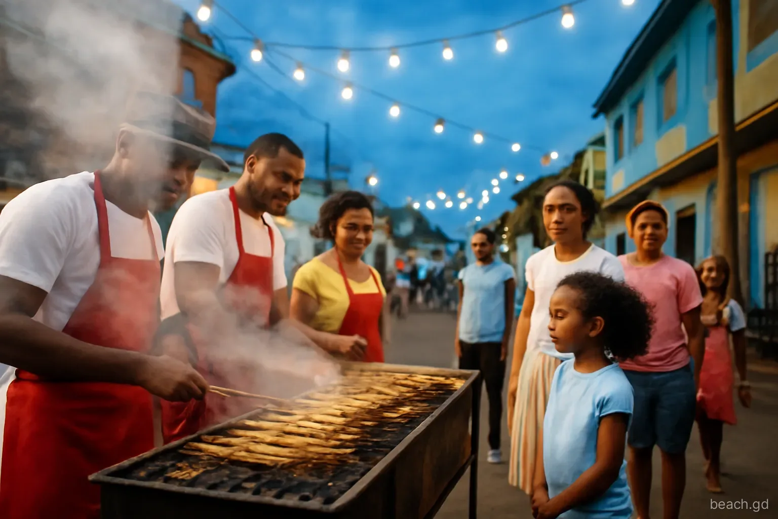 Evening street scene in Gouyave, cooks grilling skewered fish over charcoal while smoke drifts and families queue, low angle, warm string lights and dusky blue sky