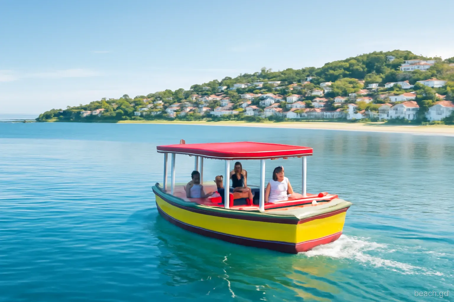 Small colourful water taxi with a few passengers crossing calm blue water from the St George's harbour towards a long pale beach, hillside town behind, morning sun