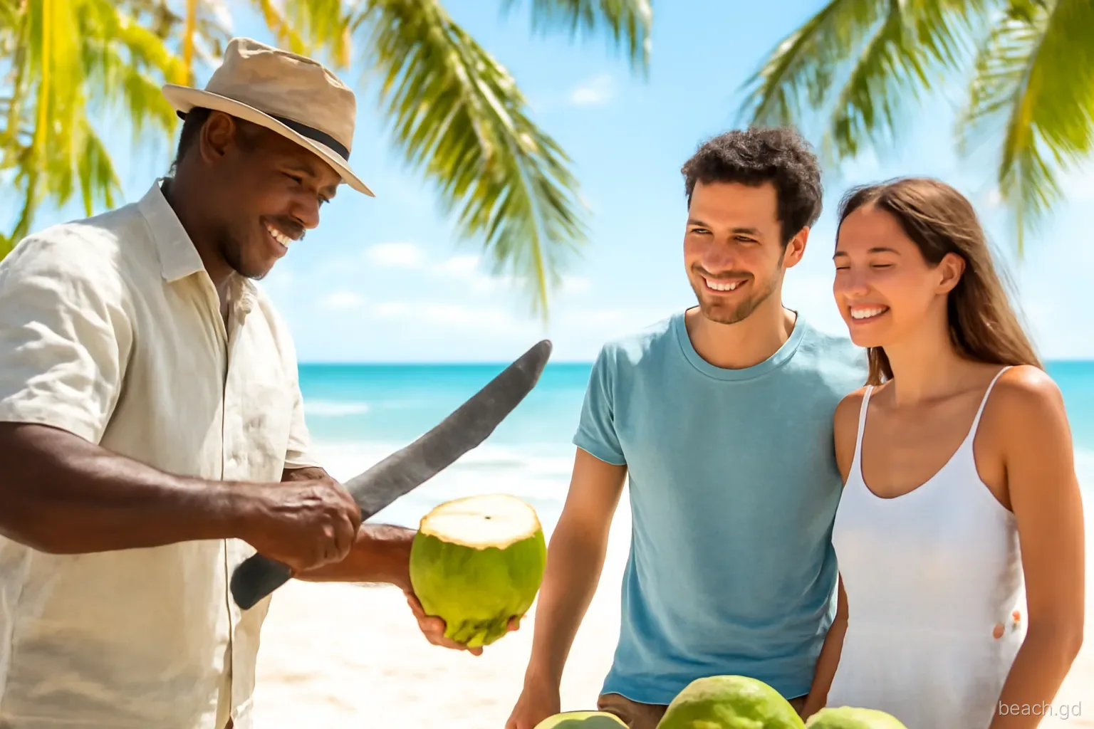 Vendor slicing the top off a green coconut with a cutlass for a smiling couple on Grand Anse sand, palms overhead, side angle, bright morning light
