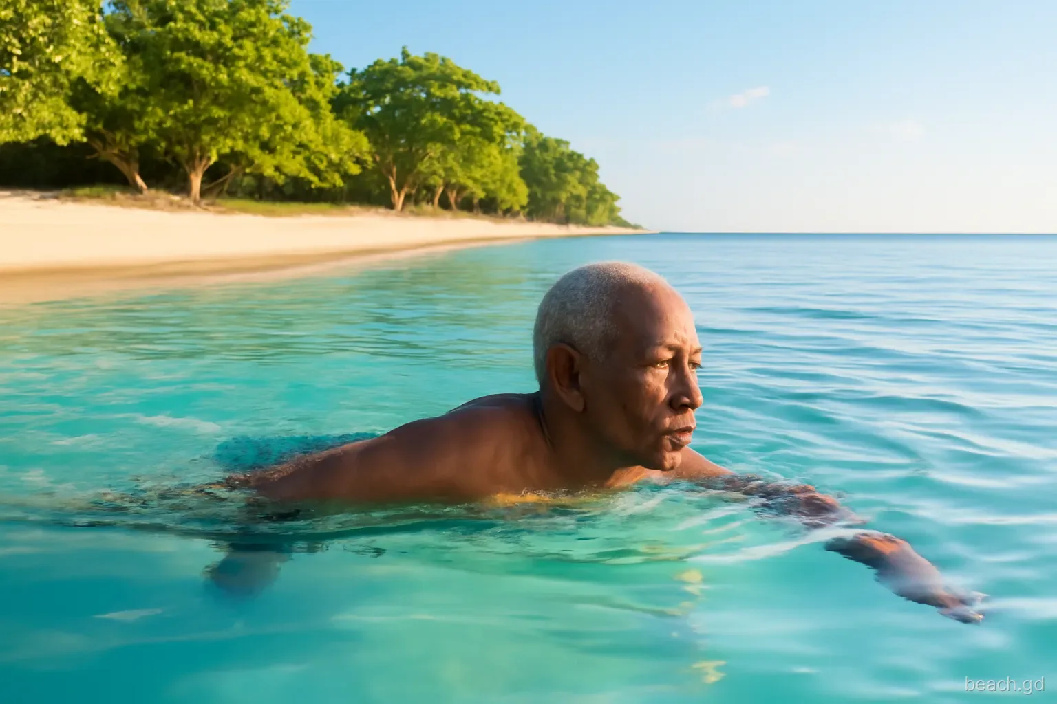 Early morning on Grand Anse, an older Grenadian man swimming slow laps in glassy turquoise water, empty sand and sea grape trees behind, low sun from the east, eye-level shot