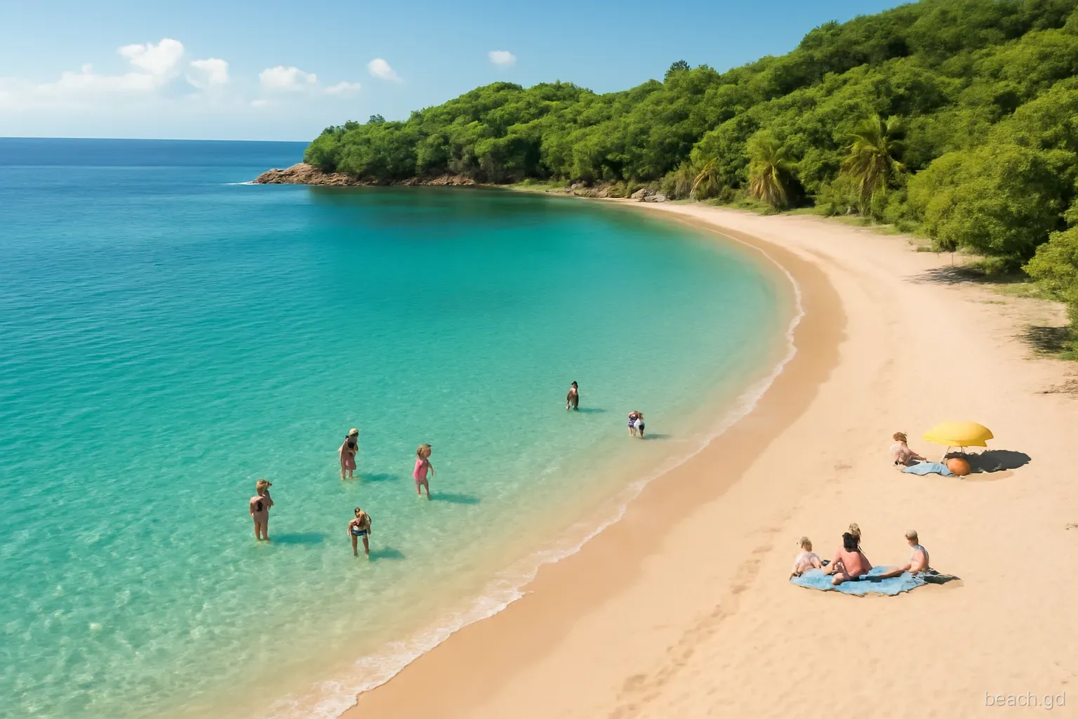 Elevated view from Quarantine Point headland looking down at the small crescent of Morne Rouge beach, Grenada, families swimming in calm turquoise water, afternoon light