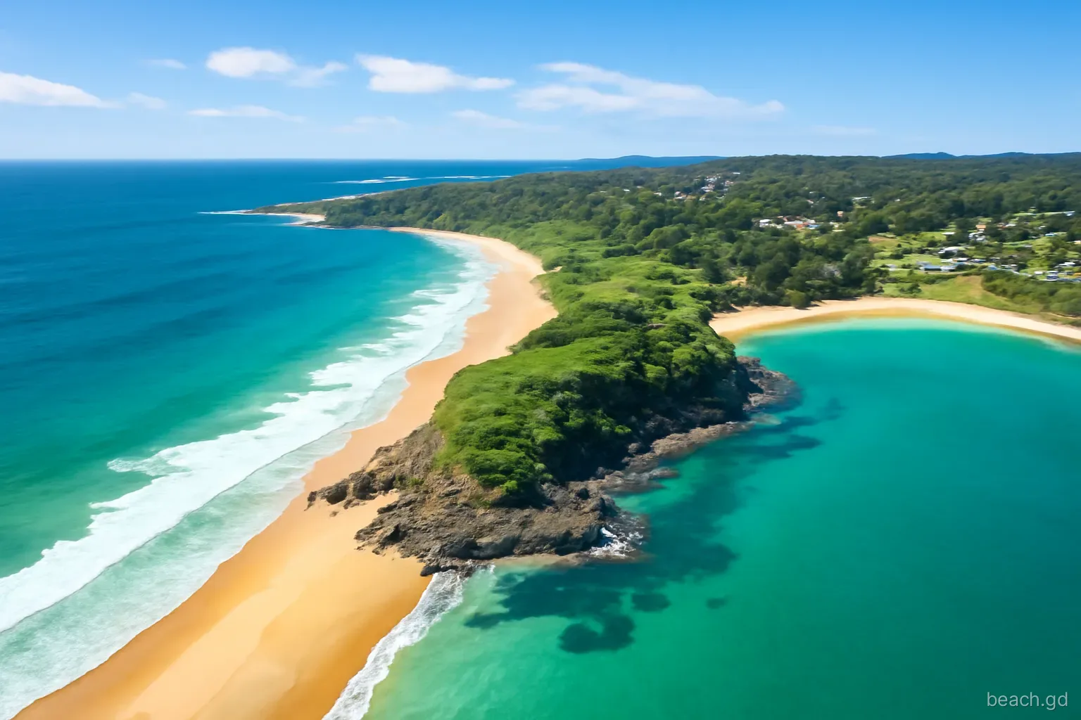 Aerial drone view over the Quarantine Point headland showing a long sweeping beach on one side and a small sheltered crescent bay on the other, midday light