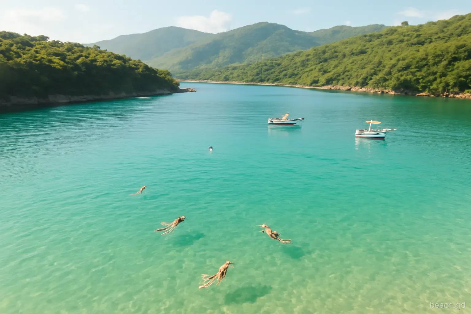 Gentle aerial view over a calm leeward bay north of St George's, swimmers in clear green-blue water, small fishing boats at anchor, forested hills behind, soft morning light