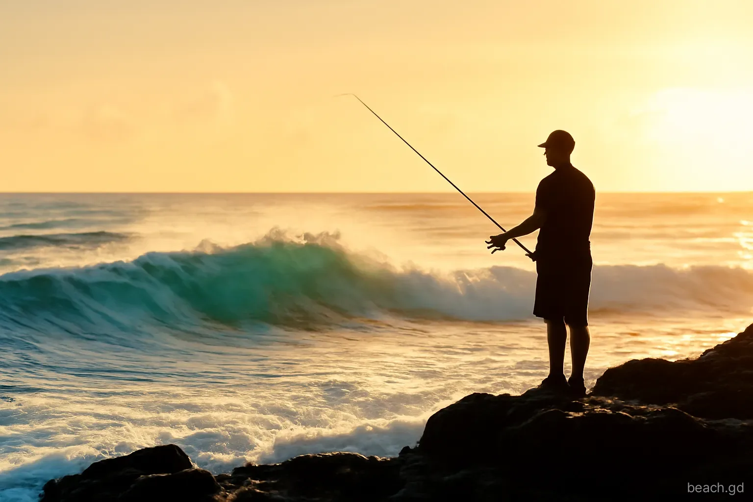 Silhouette of a fisherman standing on dark rocks watching rolling Atlantic swells on Grenada's east coast, spray in the air, golden early morning sunlight from the horizon