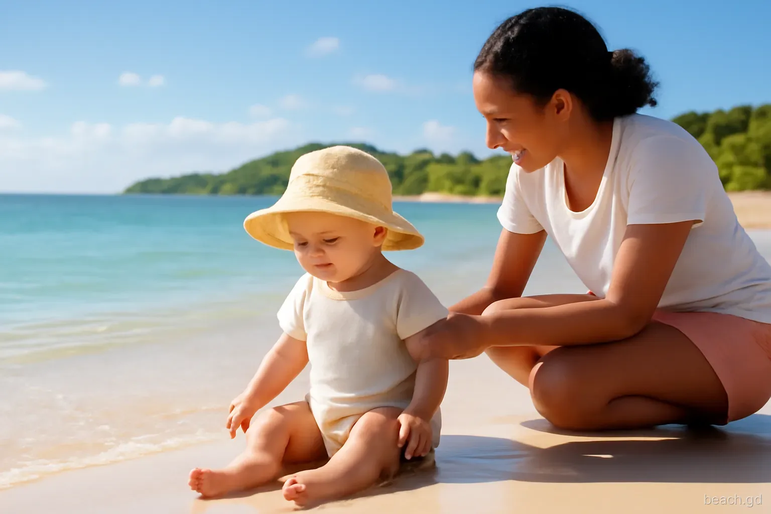 Toddler in a sun hat sitting at the edge of gentle clear water on Morne Rouge beach, Grenada, parent kneeling beside, low angle, soft morning sunlight