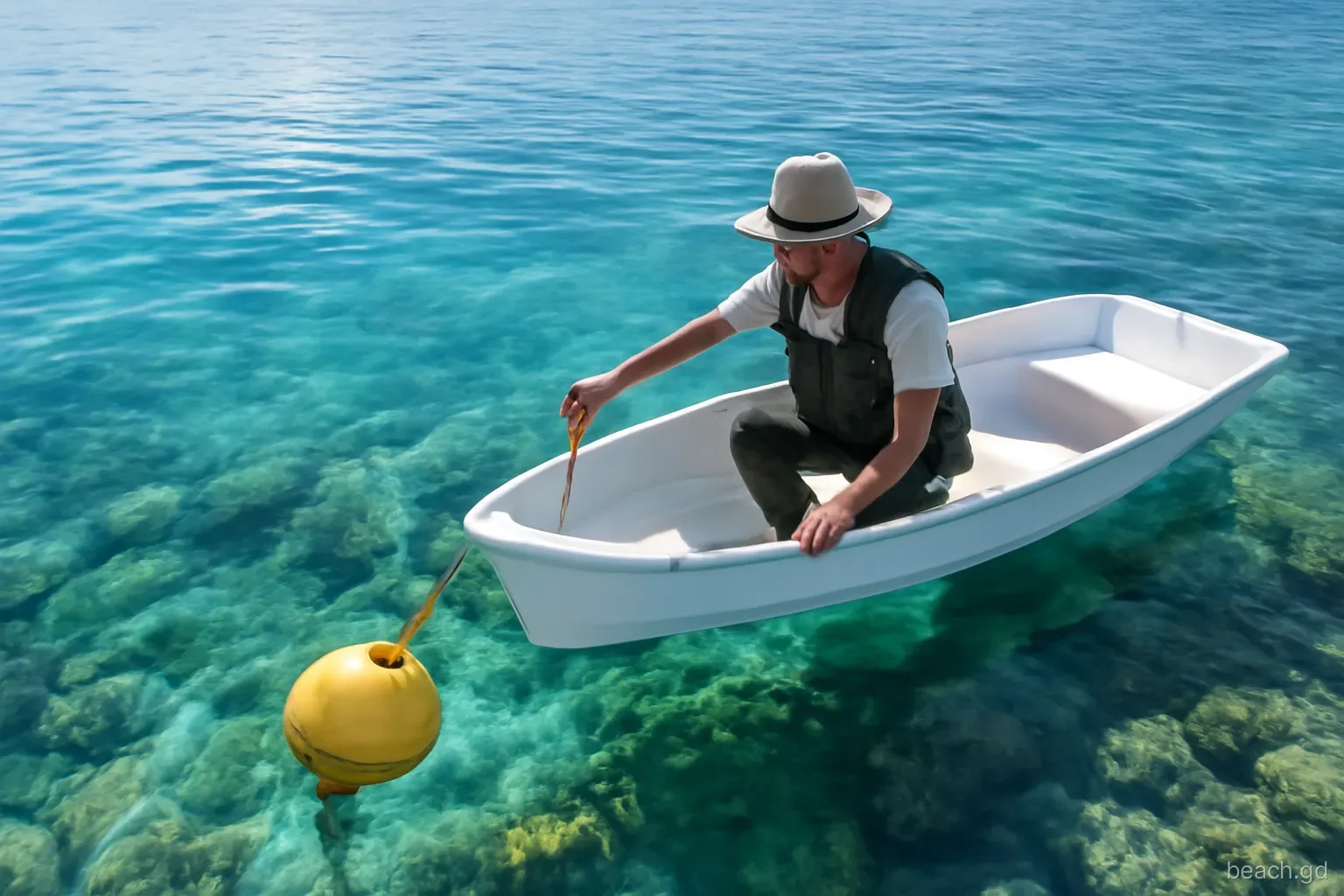 Park ranger in a small boat checking a mooring buoy over a coral reef off Grenada's west coast, aerial angle, glassy turquoise water, bright morning light
