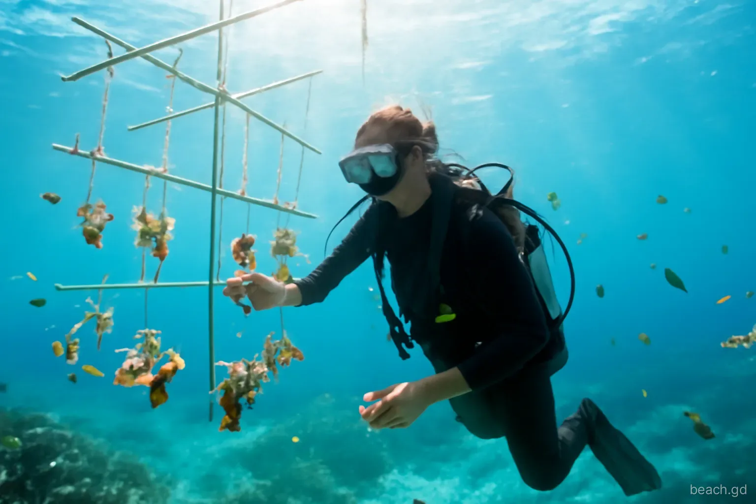 Diver tending young coral fragments hanging on an underwater nursery frame off Grenada, mid-water angle, blue water with sun rays, small reef fish around