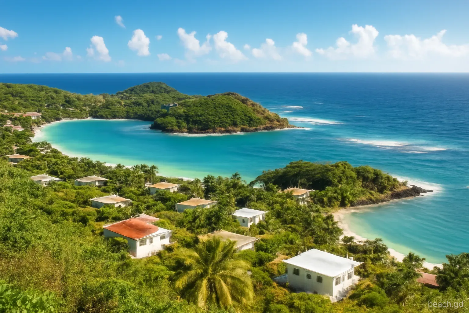 Wide elevated view from a hillside over Grenada's south coast bays, calm leeward water on one side and white-capped Atlantic on the other, bright late-morning light