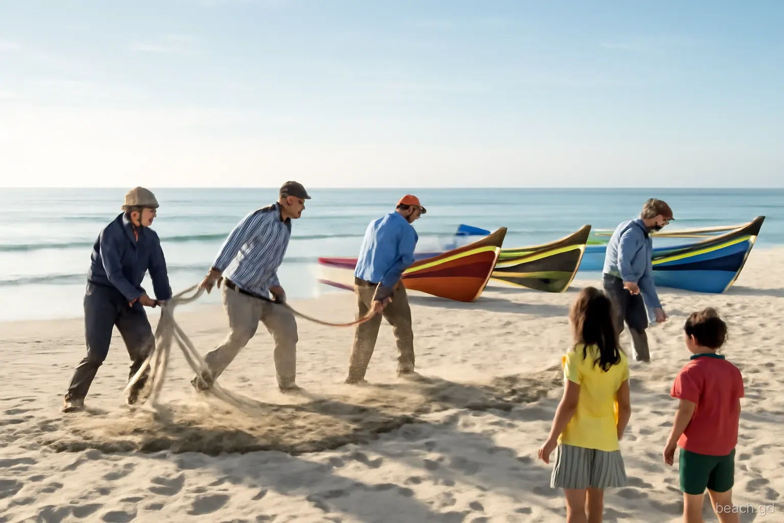 Fishermen hauling a seine net onto a sandy east coast beach near Grenville, colourful wooden boats beside them, curious children watching, morning light from the sea, eye level