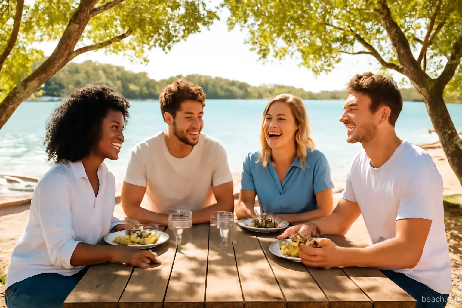 Friends sitting at a rustic wooden picnic table under trees on a small island beach, dinghies pulled up on the sand, calm green-blue bay, warm afternoon light, medium shot