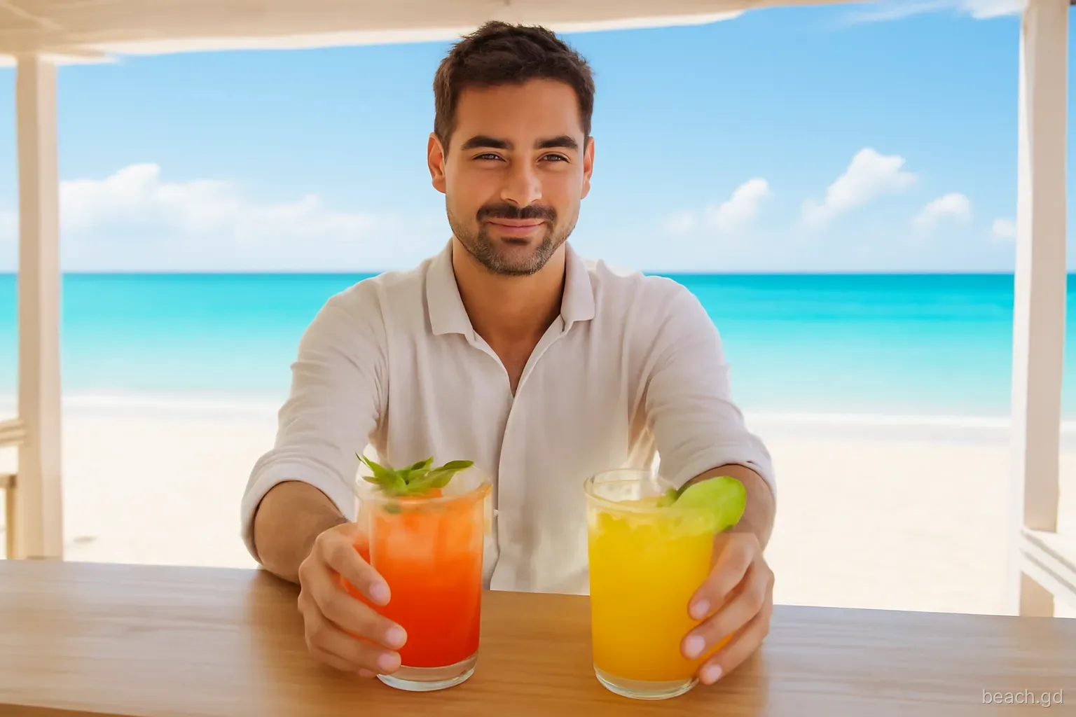 Bartender in a linen shirt passing two iced drinks across a wooden beach bar counter, Grand Anse sand and turquoise sea behind, eye-level shot, bright late-morning light
