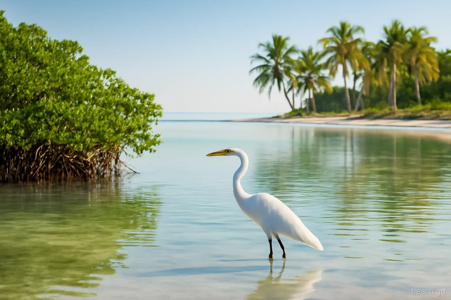 Great egret wading in a shallow salt pond fringed by mangroves, a quiet palm-lined crescent bay visible beyond, soft early morning light, telephoto view