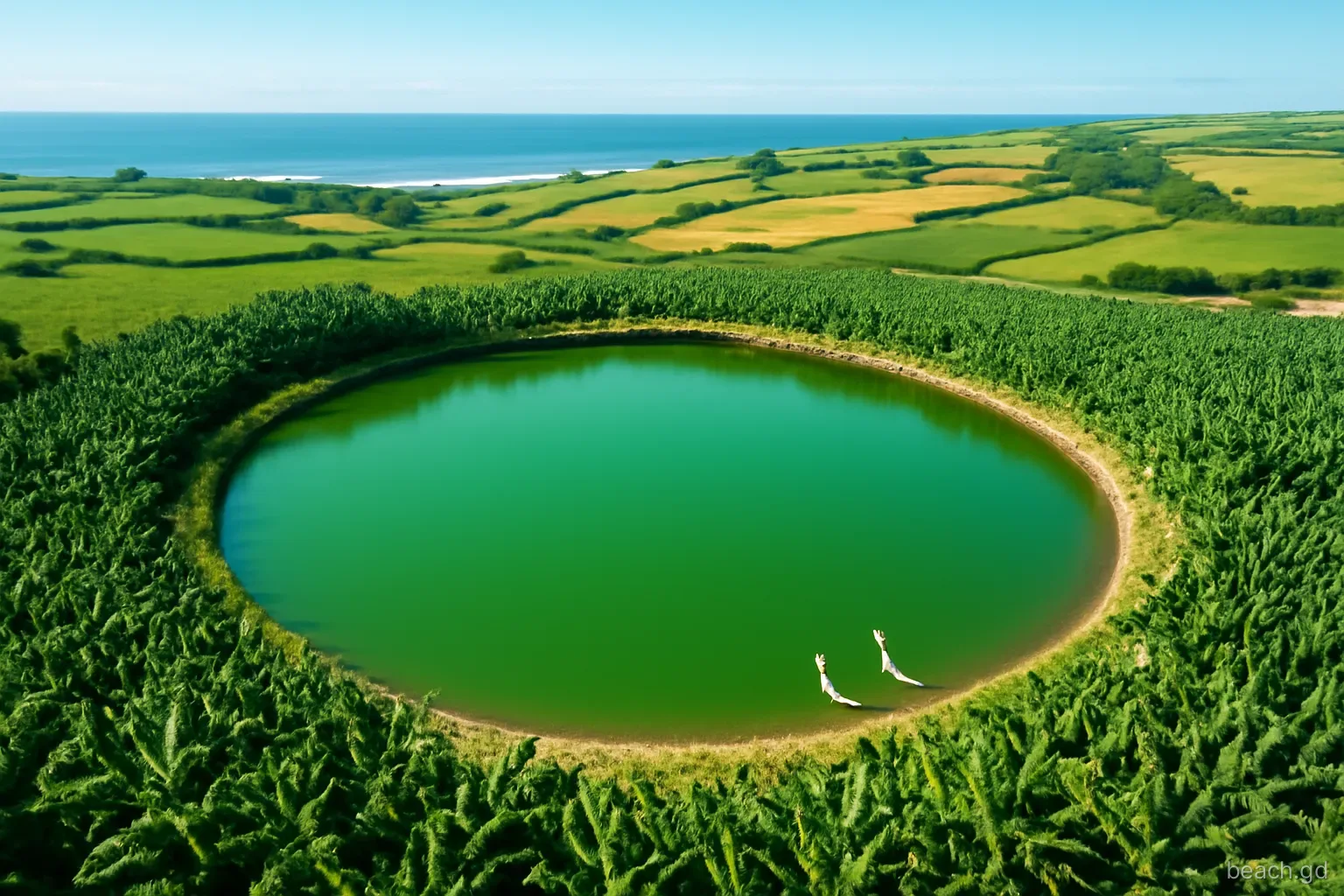 Overhead view of a round green crater lake in St Patrick ringed by banana and farmland, wading egrets at the edge, distant Atlantic surf, clear morning light