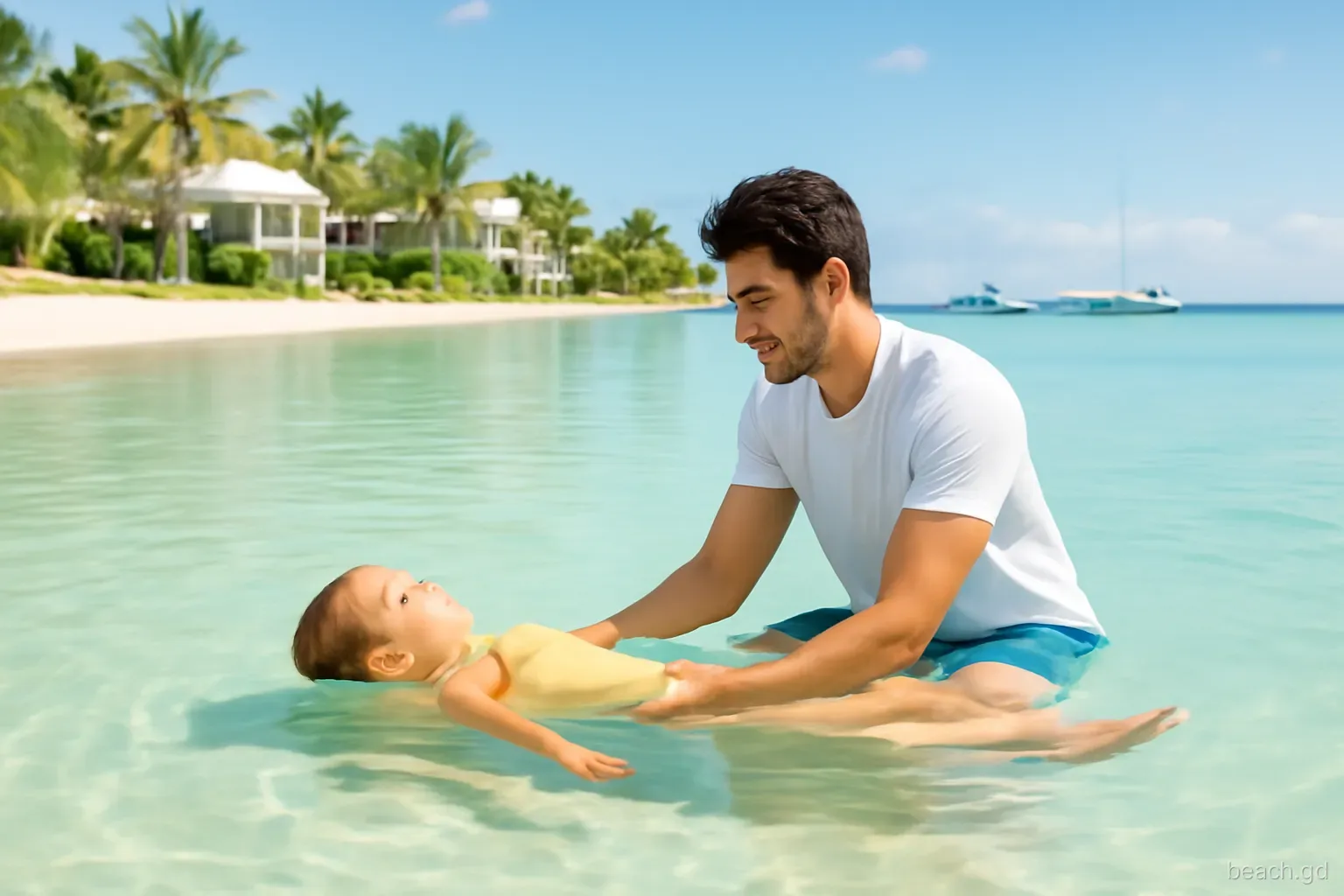 Father teaching a young child to float in calm shallow water off a small white-sand beach with villas among palms, yachts moored in the bay, mid-morning, side view