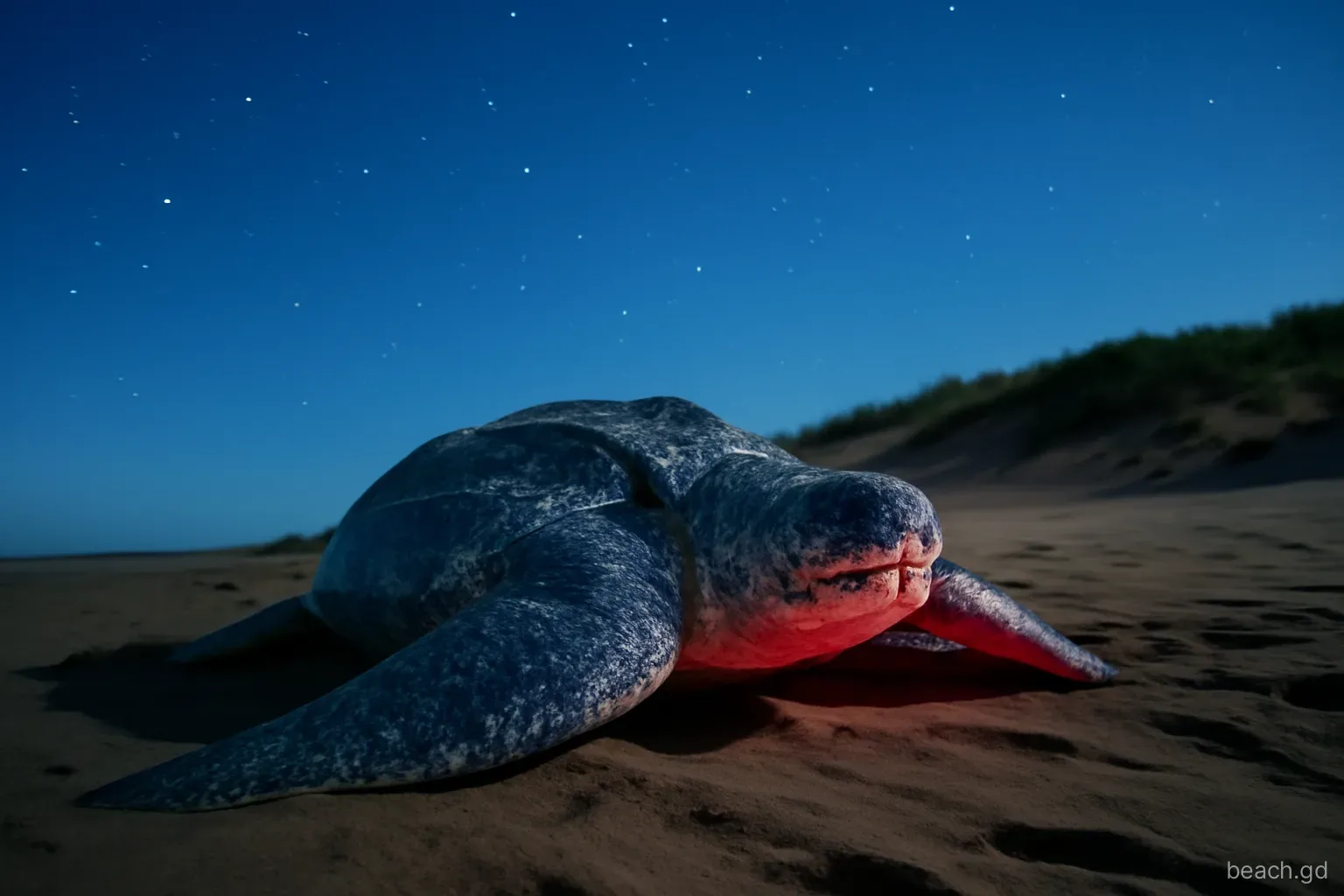 Huge leatherback turtle crawling up dark sand toward the dune line at Levera Beach, faint red torchlight, low ground-level angle, deep blue night sky with stars