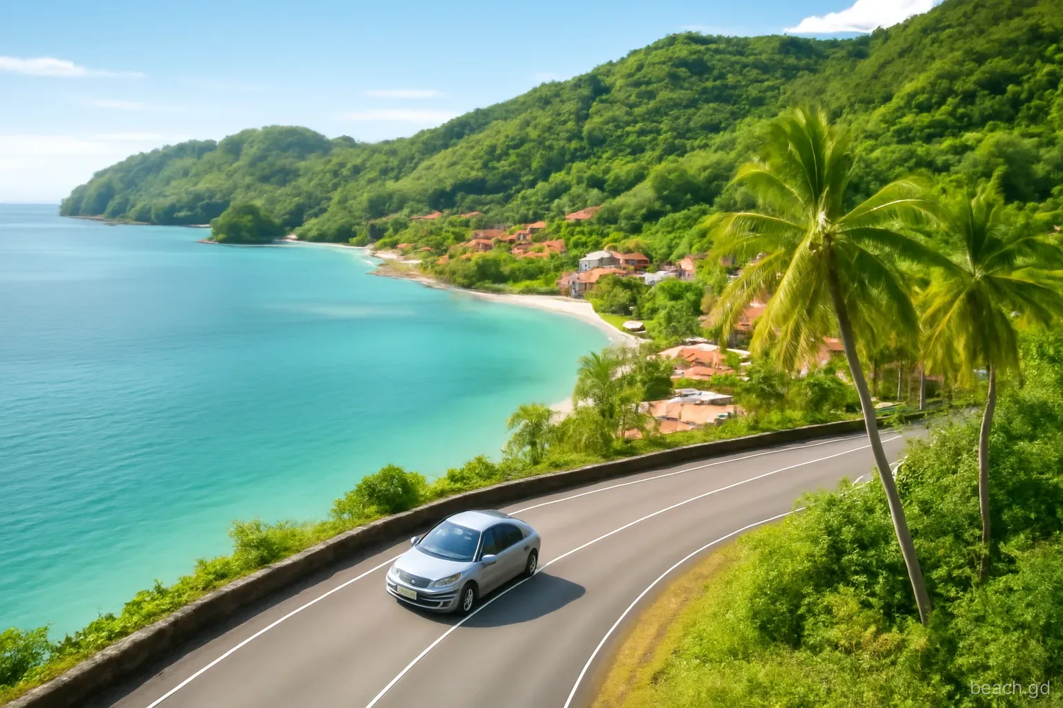 Small hire car driving along a coastal road hugging calm turquoise bays on Grenada's west coast, palm trees and fishing village rooftops below steep green hills, aerial view, morning sun
