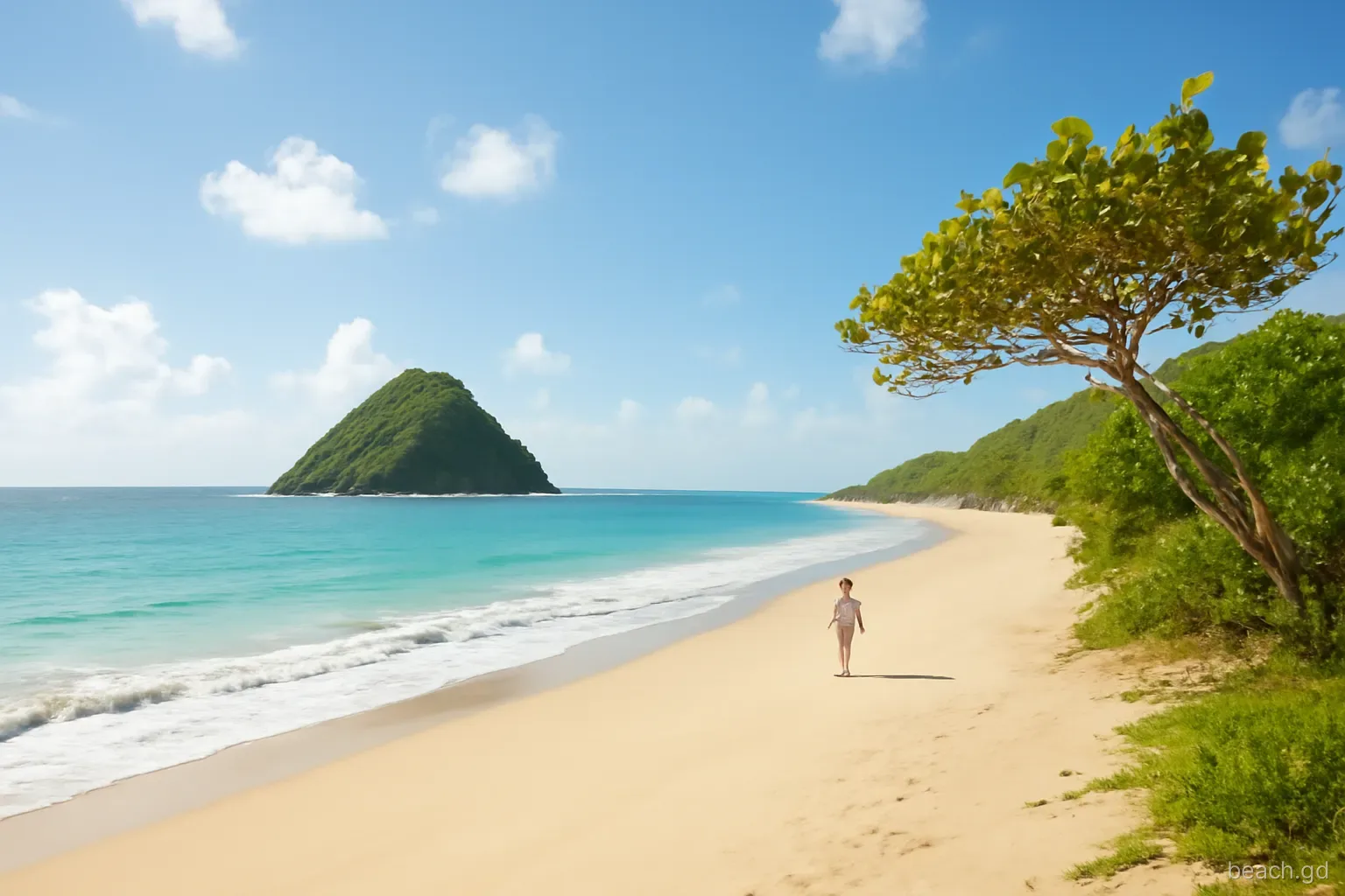 Wide view along an empty curving beach at Levera, a lone walker near the surf line, a steep green islet just offshore, wind-bent sea grape, soft late afternoon light