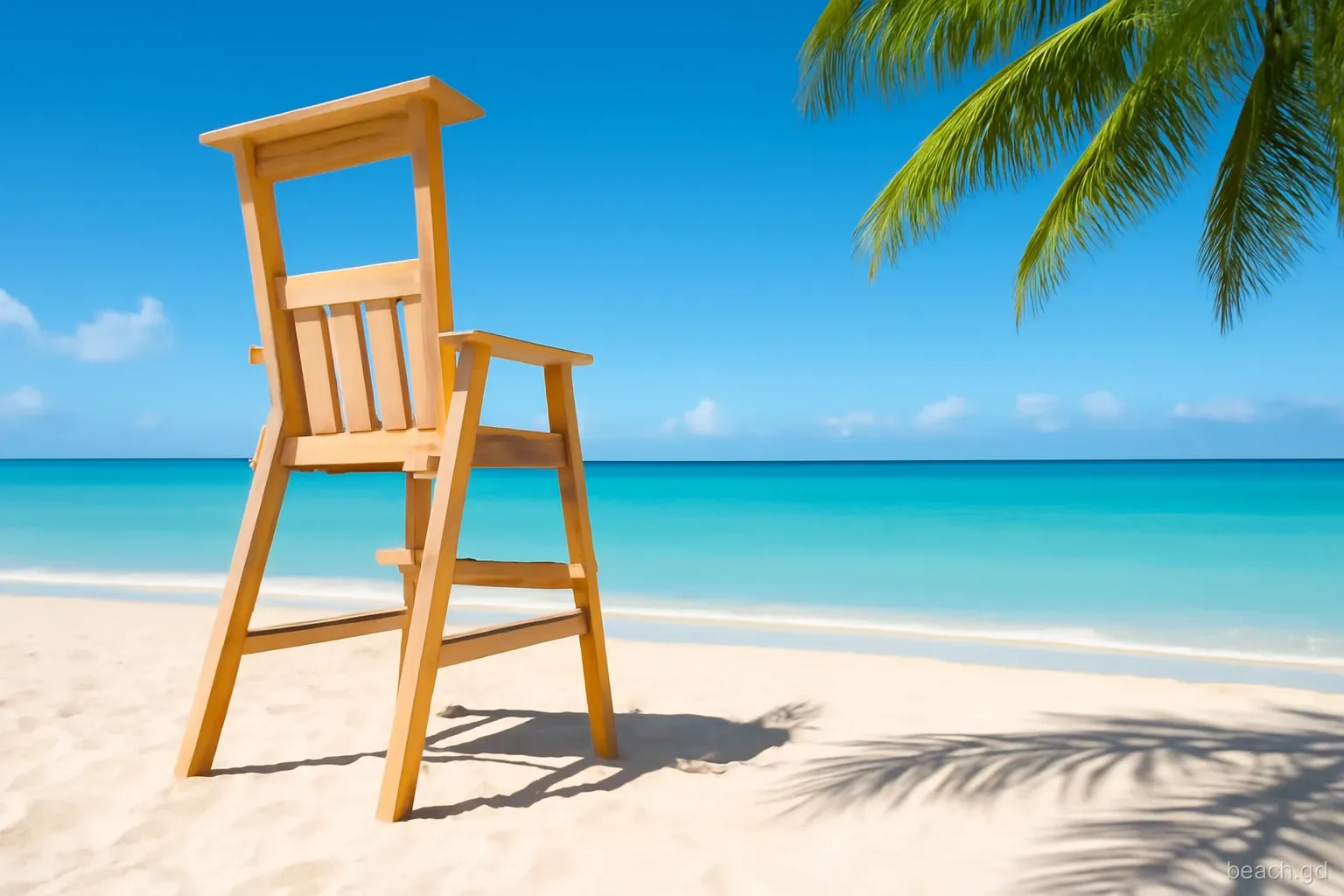 Empty wooden lifeguard chair on Grand Anse Beach, Grenada, early morning, low side angle, palm shadows on pale sand, calm turquoise water behind