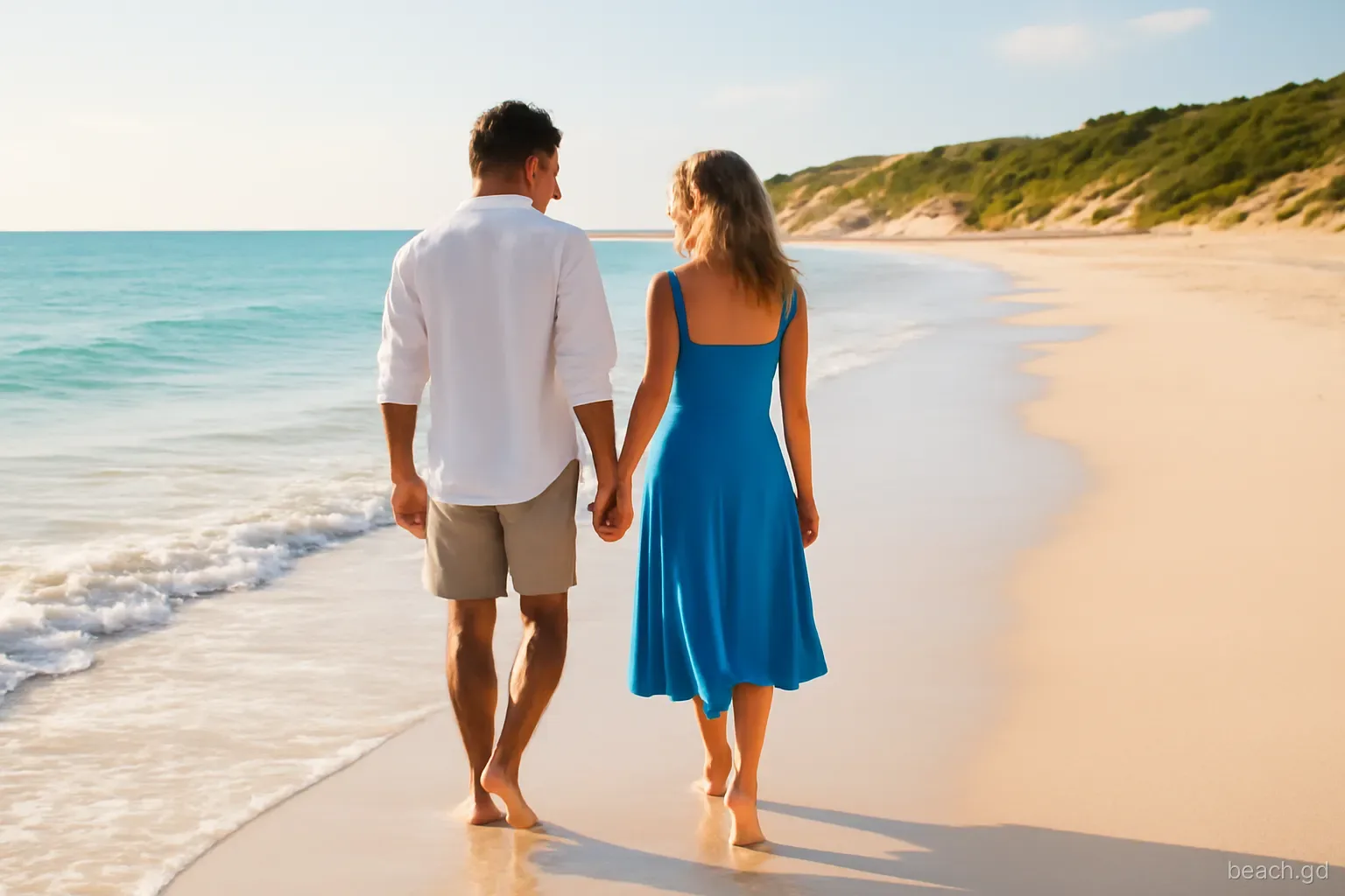 Couple walking barefoot along the wet edge of a long empty pale beach near Point Salines at golden hour, gentle surf, low bluffs and greenery behind, back view
