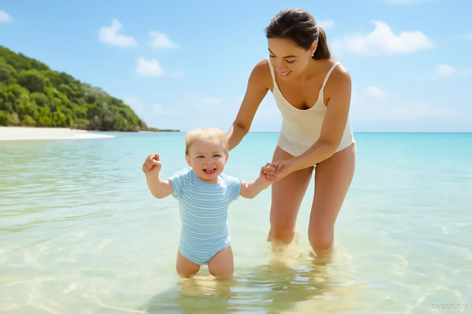 Toddler and mother paddling in knee-deep clear water at Morne Rouge Bay, crescent of white sand curving behind, green headland, bright late morning sun, shot from the water