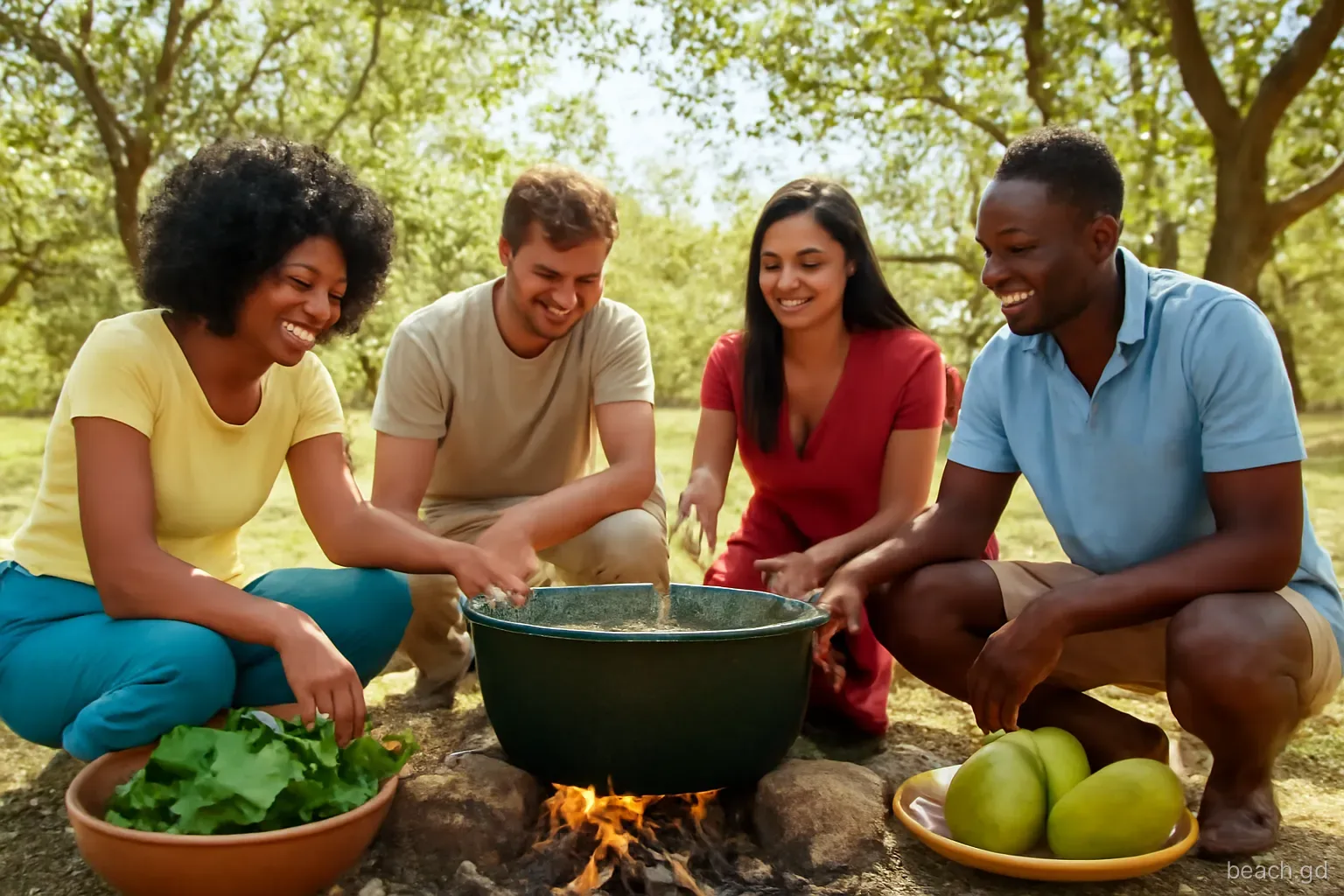 Group of friends around a large blackened pot on three stones over a wood fire under almond trees, breadfruit pieces and callaloo leaves visible, wide shot, dappled afternoon light