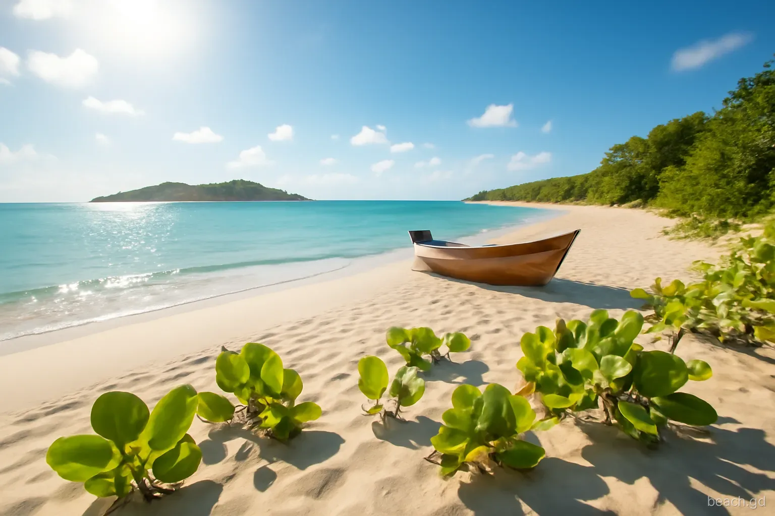 Low angle along a long pale-sand beach at L'Esterre, Carriacou, young sea grape shrubs, a small wooden water taxi pulled up on the sand, calm turquoise channel, morning sun