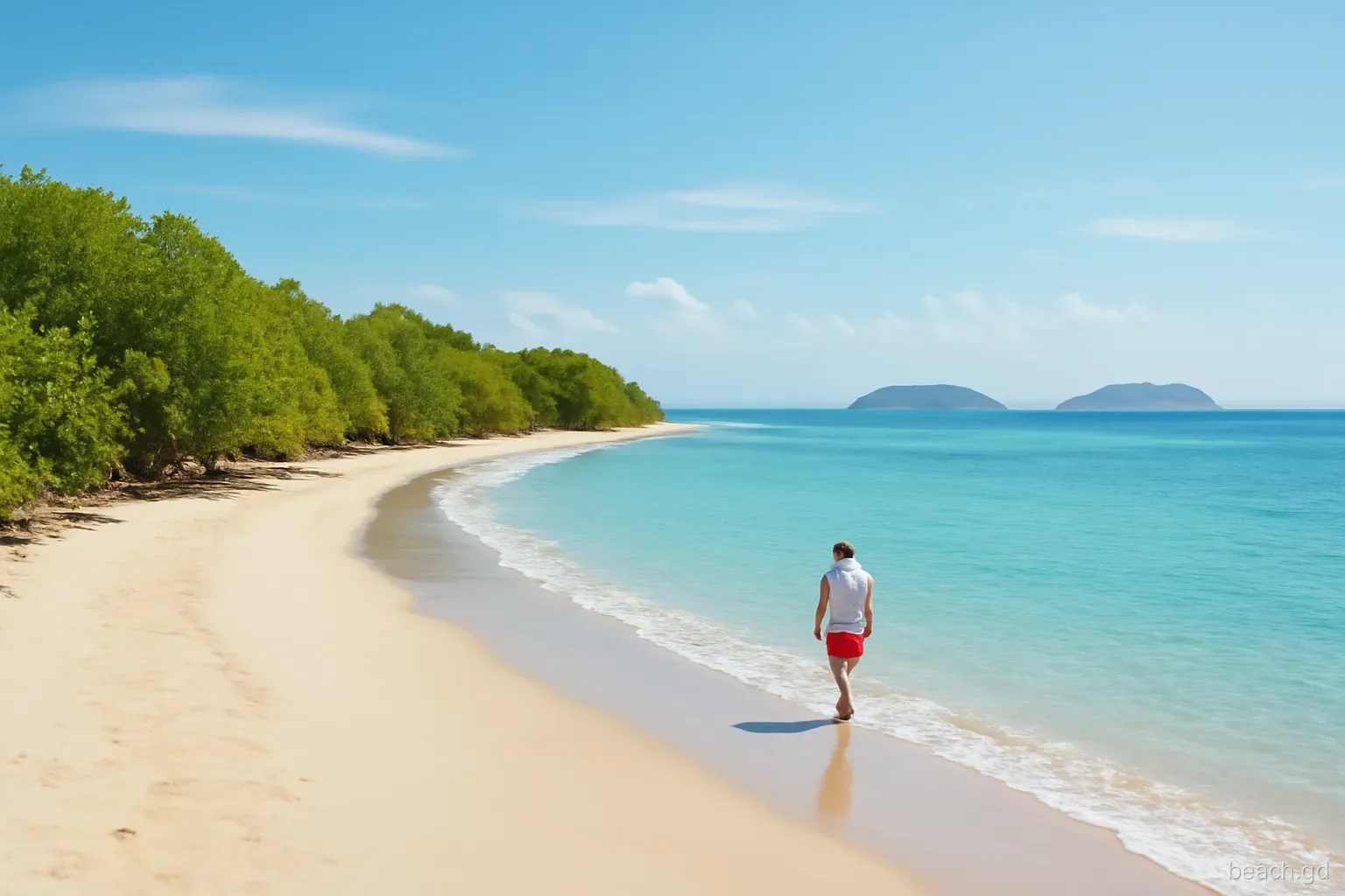 Quiet curved beach on Carriacou's north-east coast with mangrove fringe behind, a lone walker at the waterline, small islands on the horizon, breezy morning, wide shot