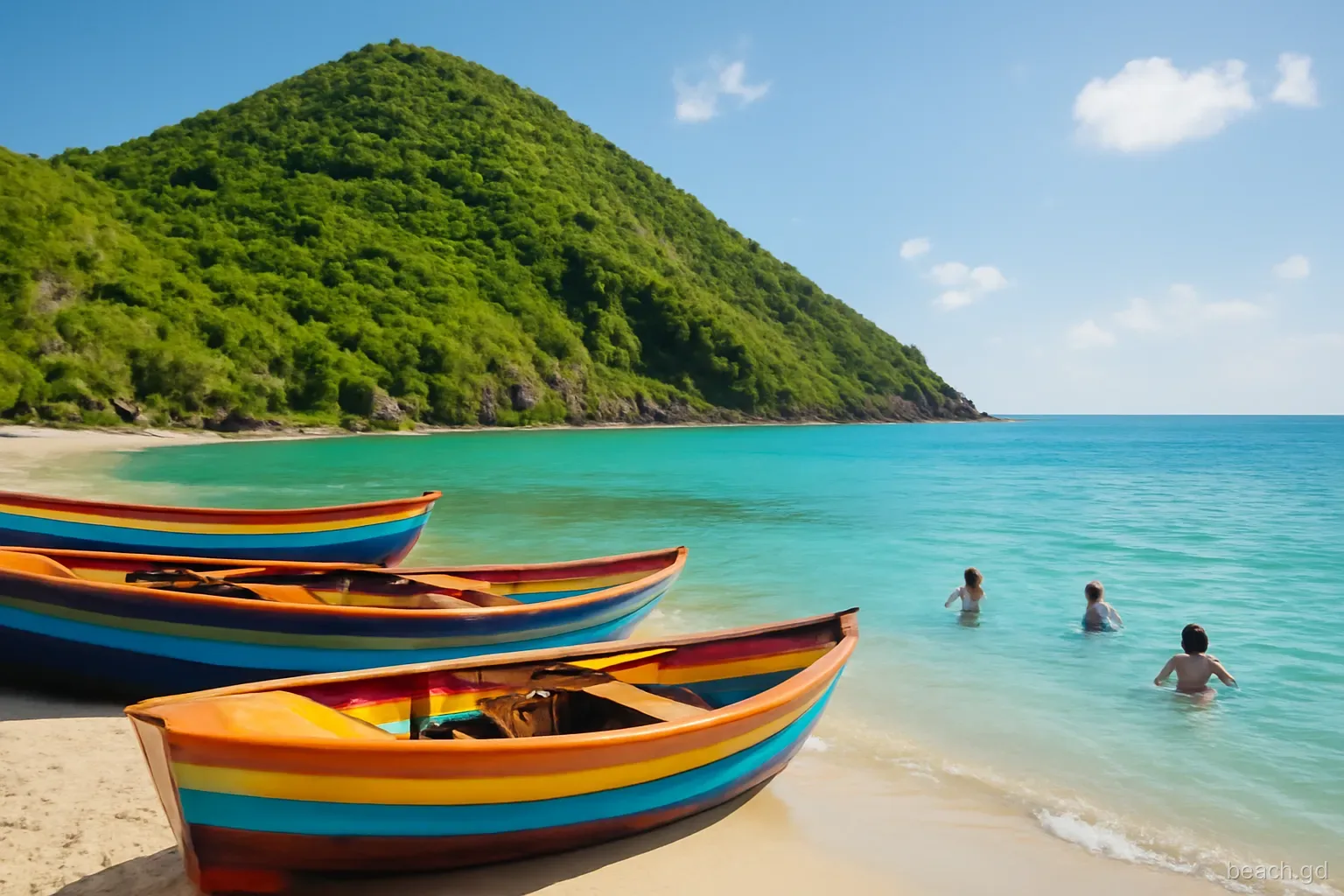 Wooden fishing boats pulled up on a small sandy shore on Petite Martinique, steep green hill behind, children swimming in clear shallows, bright afternoon, eye-level view