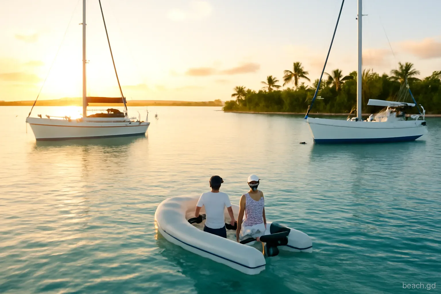 Sailors in a small inflatable dinghy motoring slowly between anchored yachts in a sheltered bay near True Blue at sunset, palms on the shore, calm water, elevated view