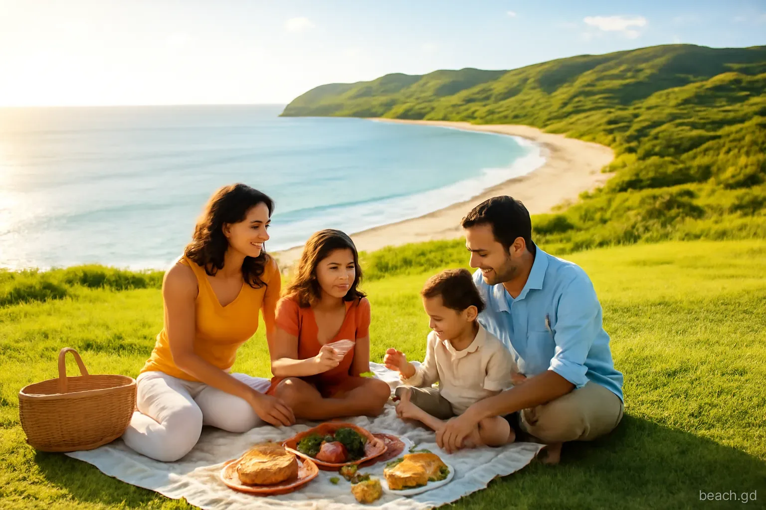 Family having a picnic on a grassy headland above the sea at Quarantine Point, Grand Anse beach curving into the distance, green hills, golden late afternoon light, wide angle