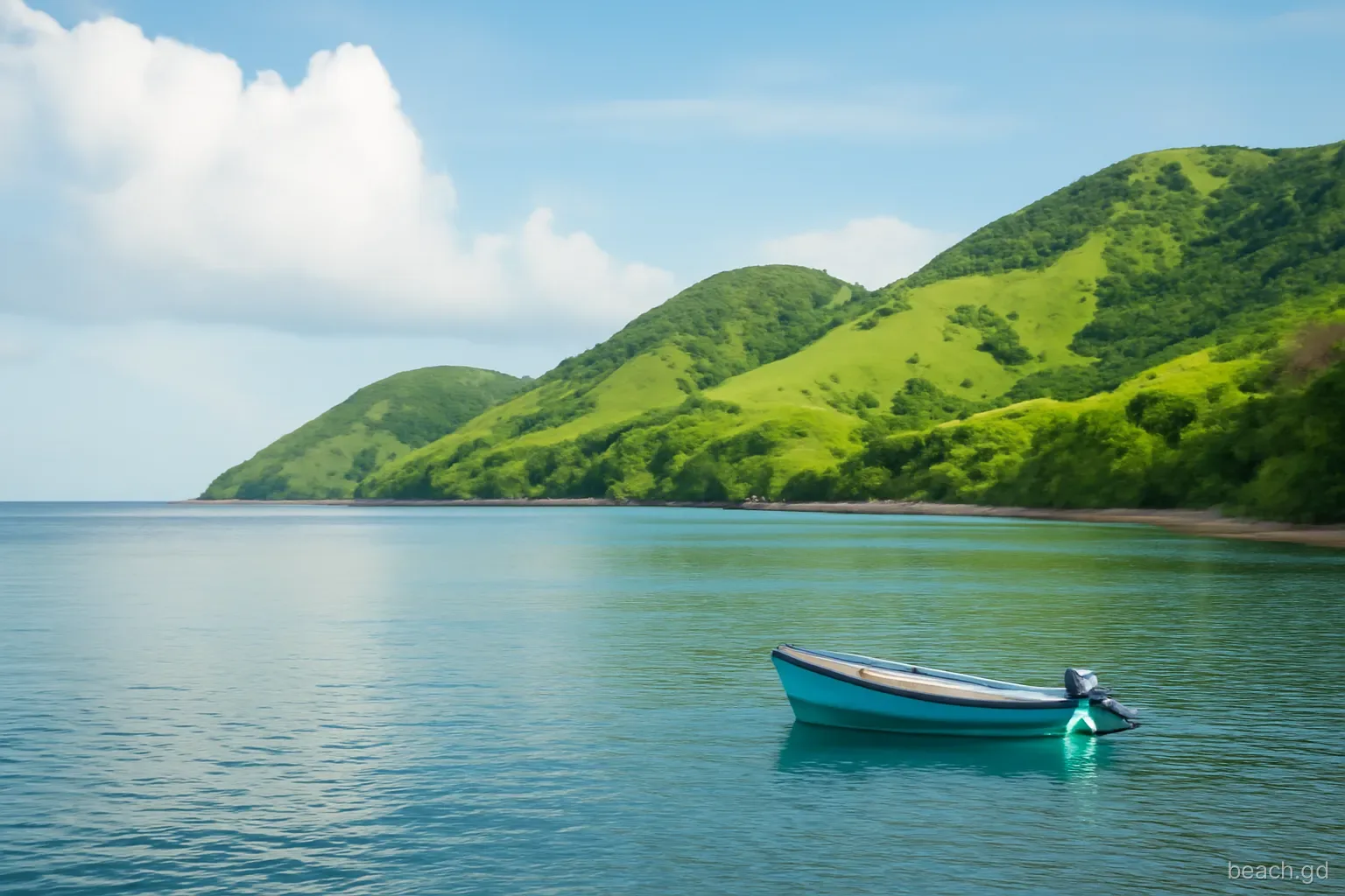 Green rain-washed hills above a calm small bay on Grenada's leeward coast after a passing shower, rainbow faint over the sea, fishing boat at rest, wide view, soft light