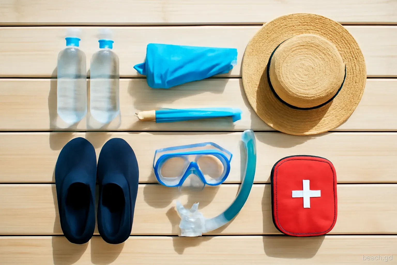 Neatly packed beach gear laid out on a wooden porch in Grenada: water bottles, folded umbrella, reef shoes, snorkel mask, small first-aid pouch, straw hat, bright overhead view