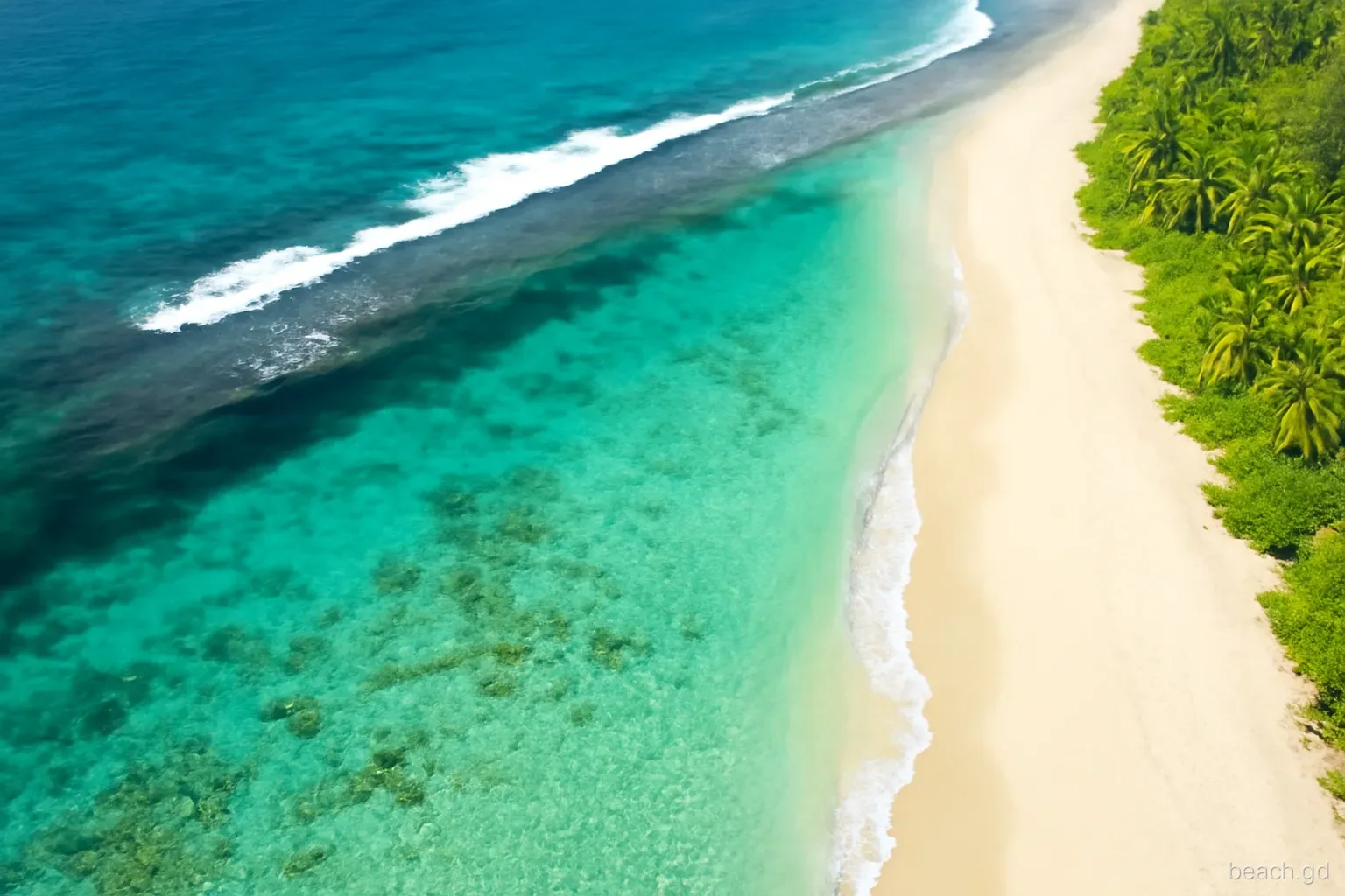 Aerial drone view of an Atlantic beach in St Patrick, Grenada, turquoise reef lagoon and a darker channel through white surf, midday sun